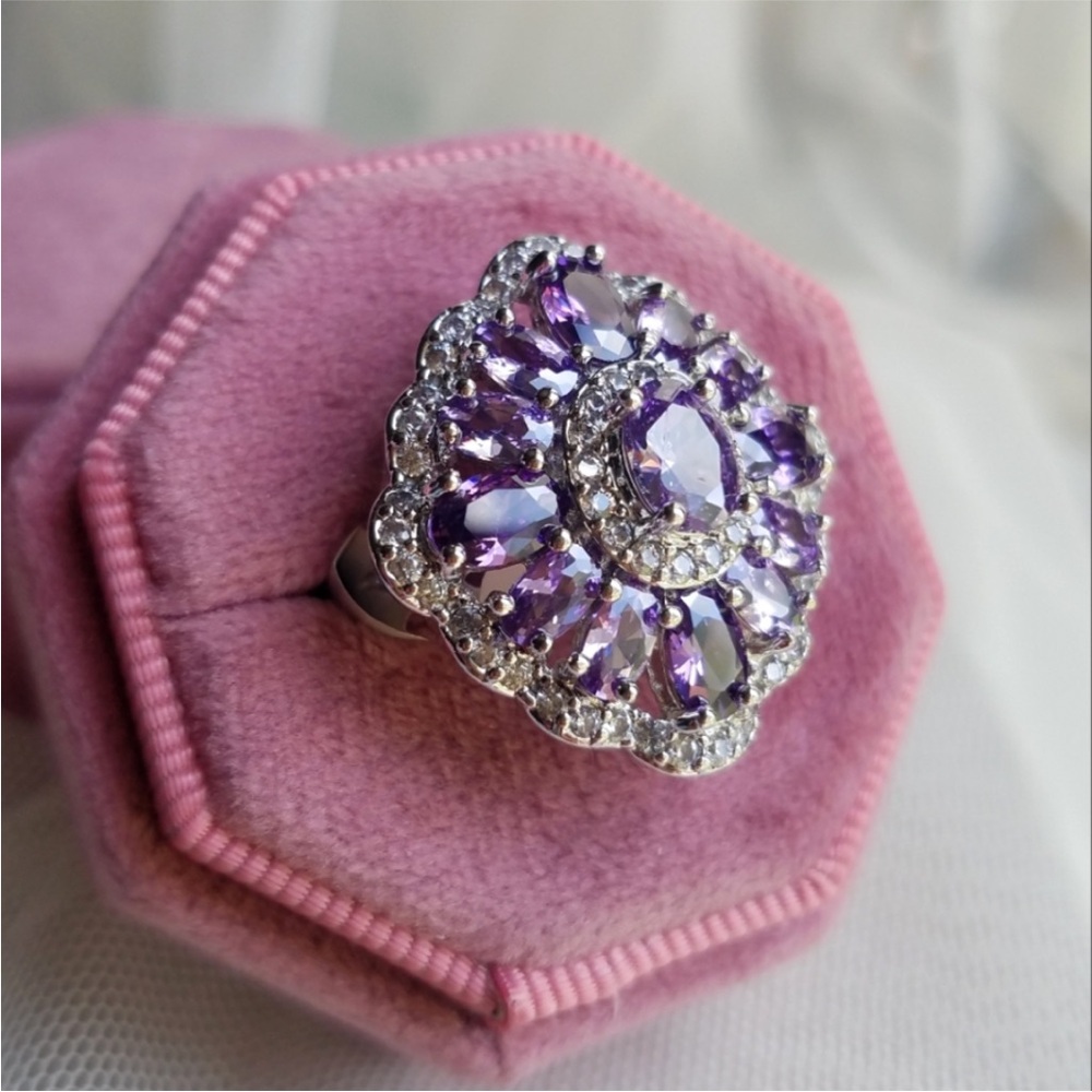 Swarovski Elements Lilac Amethyst 925 Sterling Silver Flower Statement Ring NEW